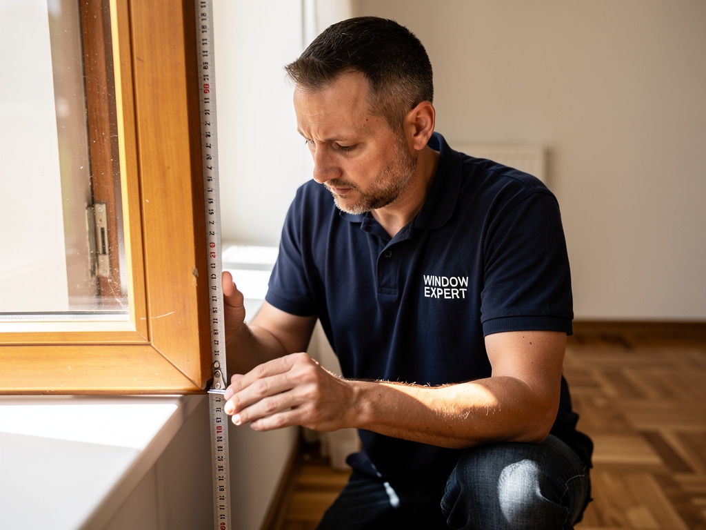 Technik wykonujący pomiar okna przed montażem moskitiery