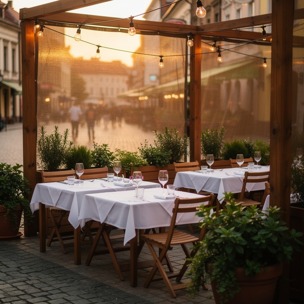 Moskitiery w ogródku restauracyjnym w Lublinie